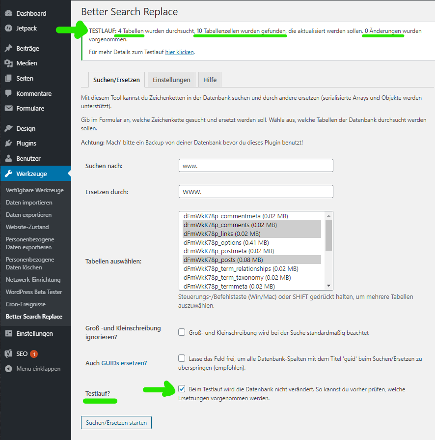 better search replace - Testlauf