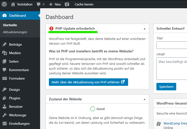 Servehappy API Widget im WordPress Dashboard