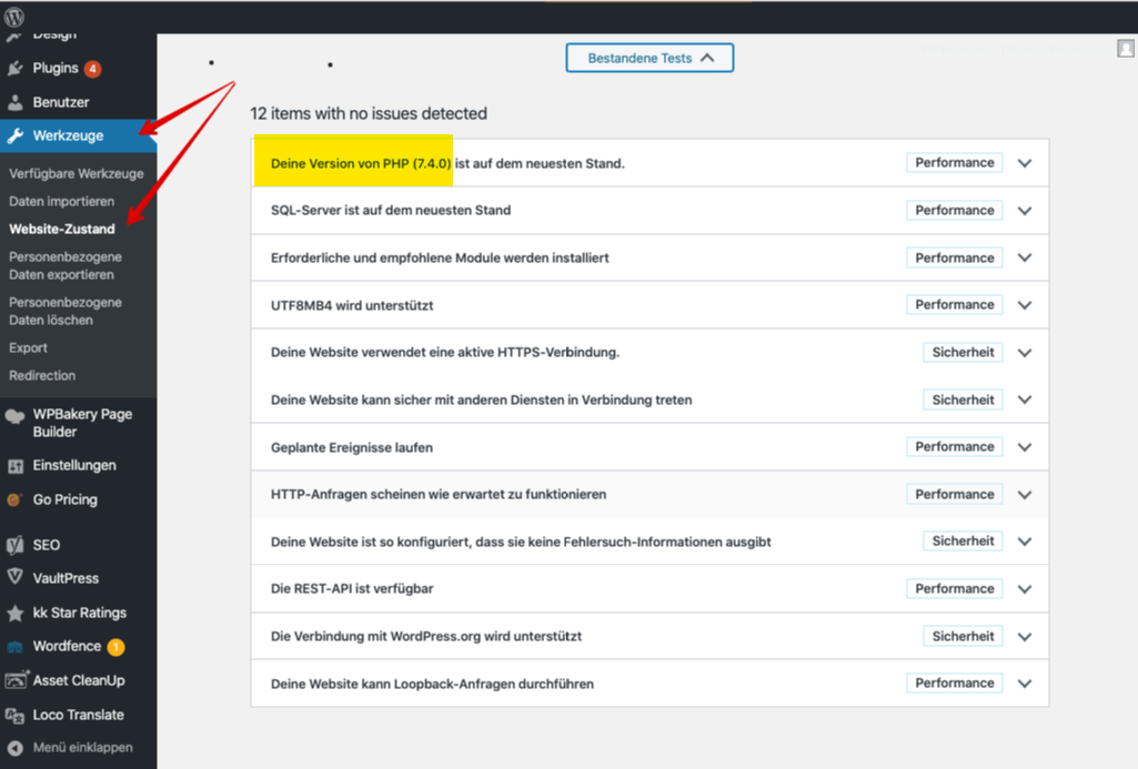 eigene PHP-Version herausfinden (im WordPress Dashboard)