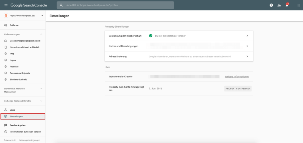 Google Search Console - Einstellungen