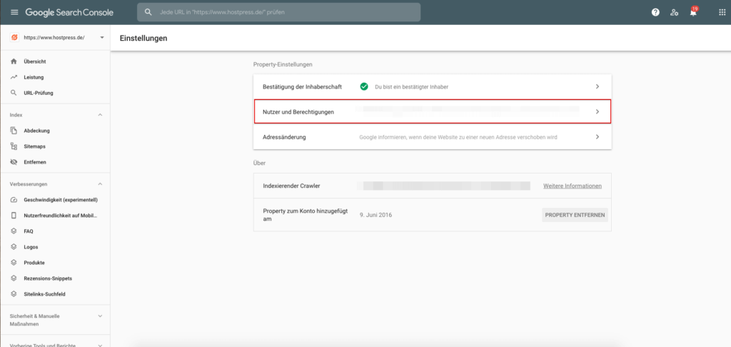 Google Search Console - Nutzer und Berechtigungen