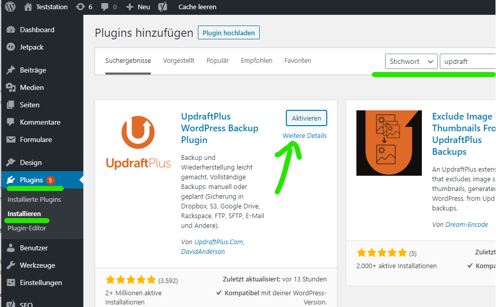 Anleitung - updraft installieren übers Dashboard