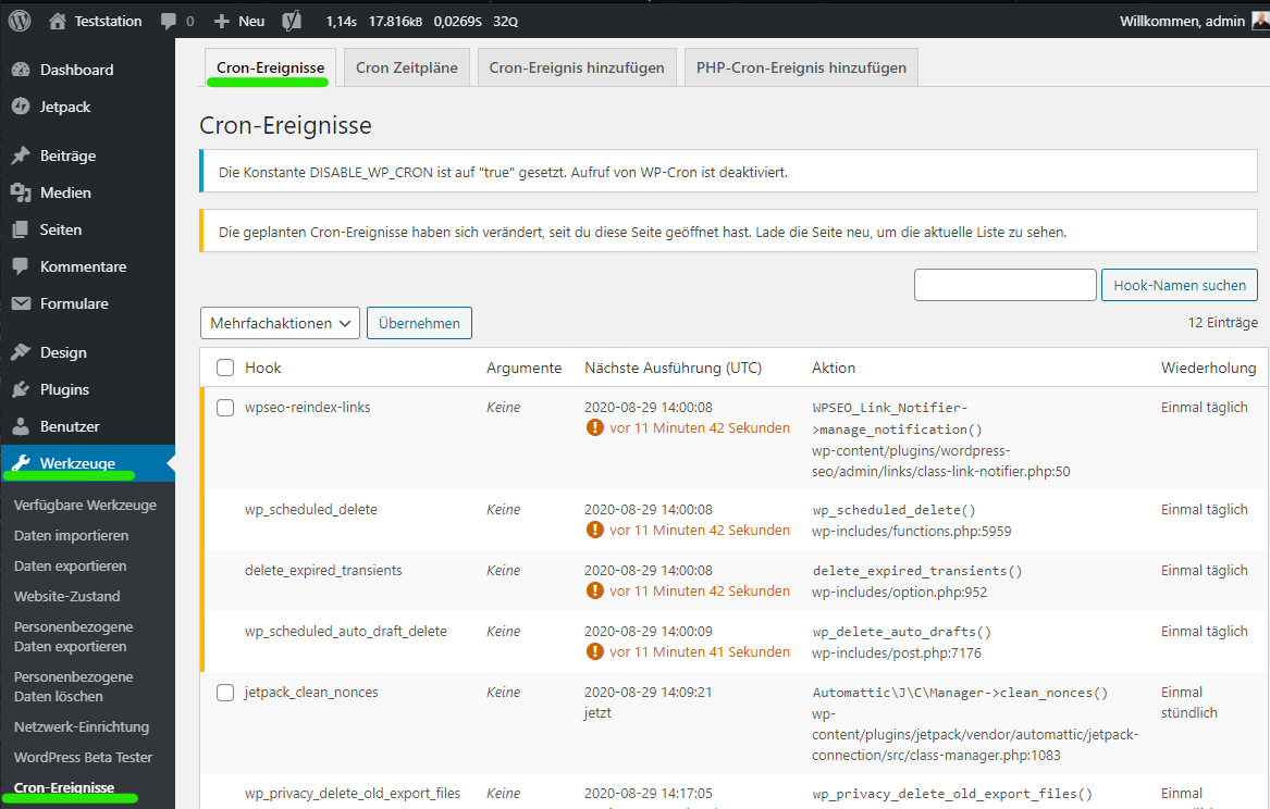 wordpress cronjobs verwalten via wp crontrol
