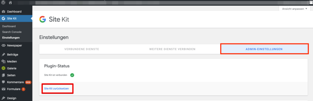 Google Site Kit zurücksetzen WordPress
