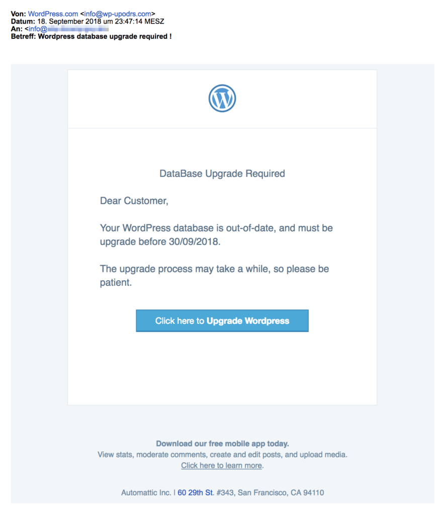 Screenshot: WordPress Phishing Scam Email