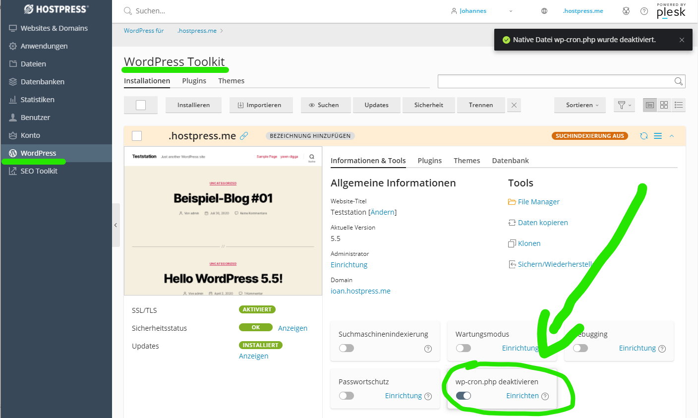 wp-cron.php deaktivieren im WordPress toolkit von Plesk