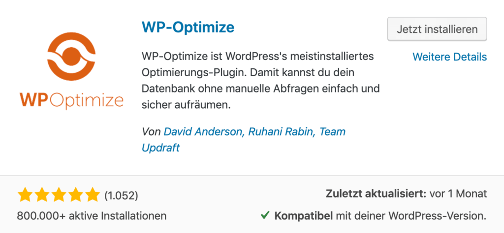 WP-Optimize - WordPress Datenbank optimieren für bessere Performance